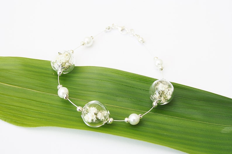 Real gypsophila bracelet bridal jewelry ivory wedding beads boho pearl bracelet bridal gift flower jewelry flower bracelet flowers glass image 2