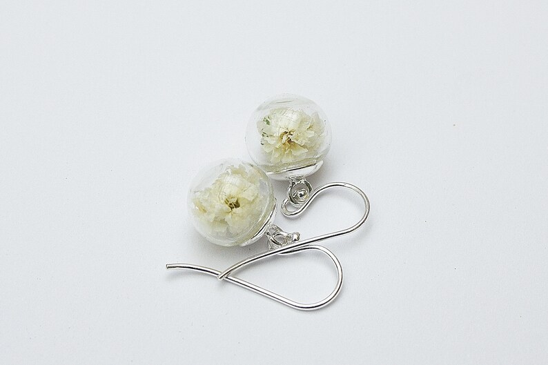 Gypsophila earrings silver 925 ivory, bridal jewelry with real flowers in boho style, optionally with real dark green moss image 5