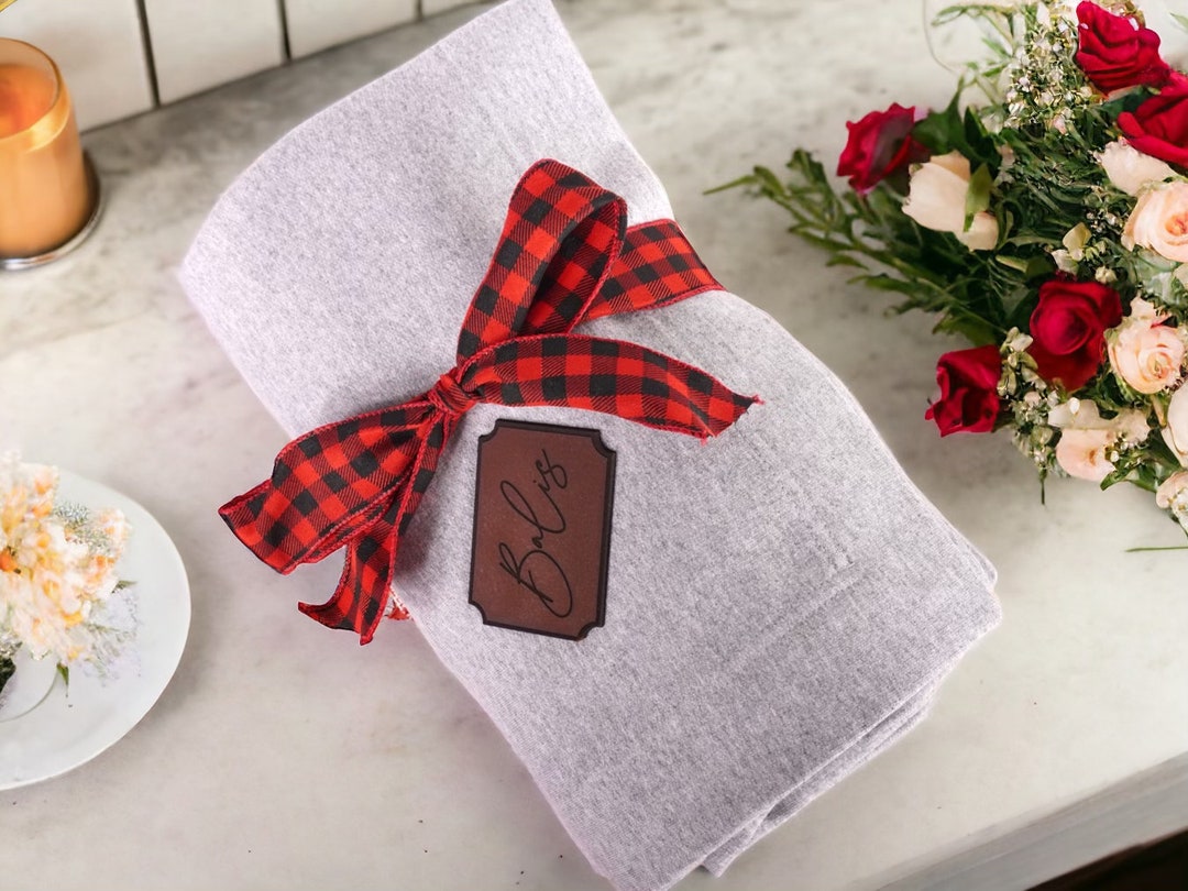 Leather Patch Fleece Blanket Name Engraved Fleece Blanket REAL LEATHER