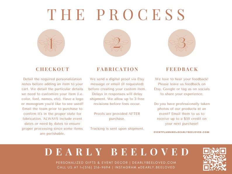 May include: A beige and brown graphic with the text "THE PROCESS" at the top. The graphic details the steps of ordering personalized gifts and event decor, including checkout, fabrication, and feedback. The business name "DEARLY BEE LOVED" is at the bottom.