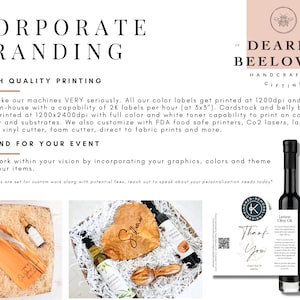 May include: The image showcases corporate branding and handcrafted gifting. It features olive oil bottles, wooden serving boards, and a heart-shaped wooden item. The text includes "Corporate Branding," "Dearly Beloved," and "Thank You." The image highlights high-quality printing and event branding services.