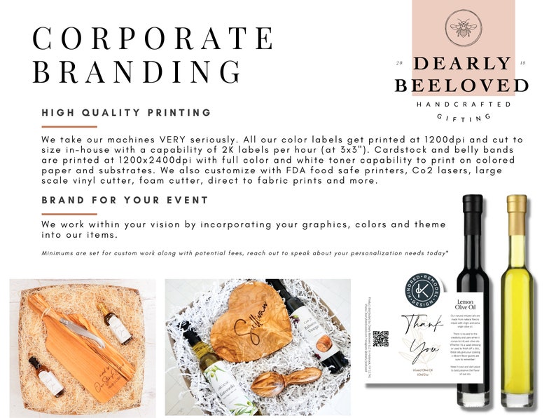 May include: The image showcases corporate branding and handcrafted gifting. It features olive oil bottles, wooden serving boards, and a heart-shaped wooden item. The text includes "Corporate Branding," "Dearly Beloved," and "Thank You." The image highlights high-quality printing and event branding services.