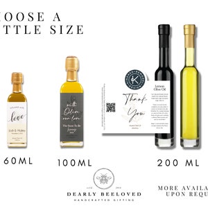 May include: Three glass bottles of olive oil in different sizes: 60 ml, 100 ml, and 200 ml. The bottles have labels with different designs and text, including "love", "with olive our love", and "Lemon Olive Oil".