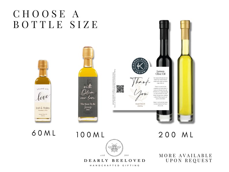 May include: Three glass bottles of olive oil in different sizes: 60 ml, 100 ml, and 200 ml. The bottles have labels with different designs and text, including "love", "with olive our love", and "Lemon Olive Oil".