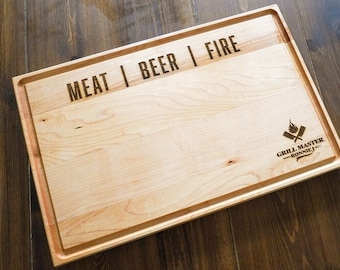 Meat Beer Fire Cutting Board | Grill Master Cutting Board Carving Board | Engraved Cutting Board | BBQ Cutting Board | Dad Gift | Groom Gift