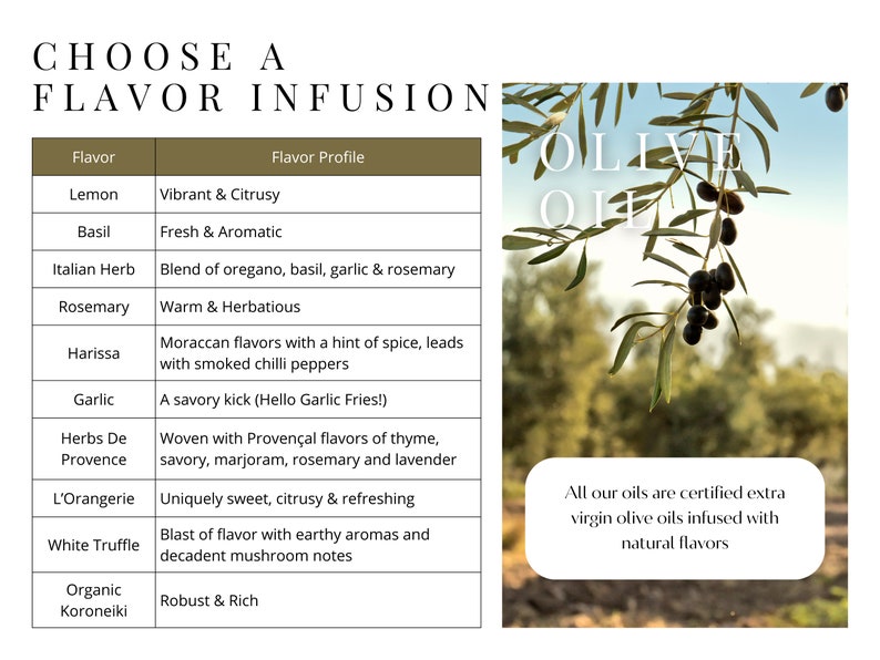 May include: Image featuring olive oil with a flavor chart. The chart lists flavors like lemon, basil, and garlic, with descriptions such as "Vibrant & Citrusy" and "A savory kick." The text "CHOOSE A FLAVOR INFUSION" is at the top. The image also includes the text "All our oils are certified extra virgin olive oils infused with natural flavors."