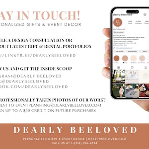 May include: An image promoting personalized gifts and event decor. The image includes text that says "Stay in Touch!" and "Dearly Beeloved." A smartphone displays an Instagram profile with the same branding. The image also includes a QR code.