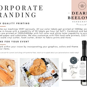May include: Corporate branding for events with high quality printing.  The image shows a variety of gift baskets with olive oil bottles, wooden cutting boards, and thank you cards.  The text "Dearly Beloved Handcrafted Gifting" is visible in the upper right corner.