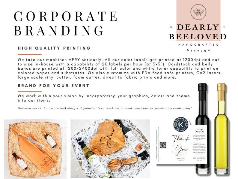 May include: Corporate branding for events with high quality printing.  The image shows a variety of gift baskets with olive oil bottles, wooden cutting boards, and thank you cards.  The text "Dearly Beloved Handcrafted Gifting" is visible in the upper right corner.