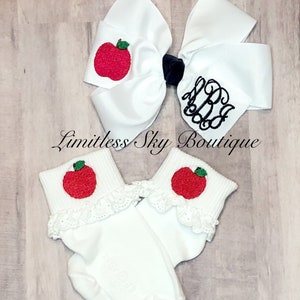 Embroidered hairbow with apple socks Back to school knee highs monogrammed Hairbow image 8