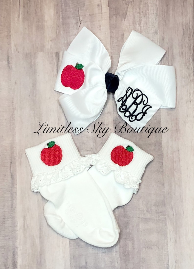 Embroidered hairbow with apple socks Back to school knee highs monogrammed Hairbow image 8