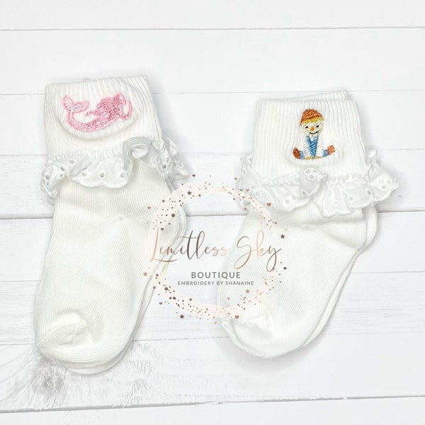 Girls Embroidered cuffed socks- Frilly Socks-Lace Socks