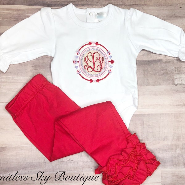 Girls Embroidered Valentines Day Outfit-Monogrammed V-Day outfit with Ruffle pants