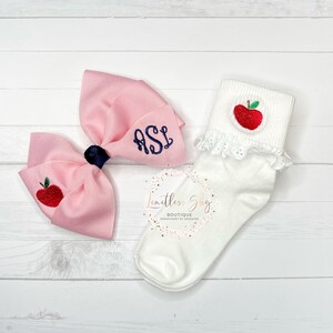 Embroidered hairbow with apple socks Back to school knee highs monogrammed Hairbow image 4