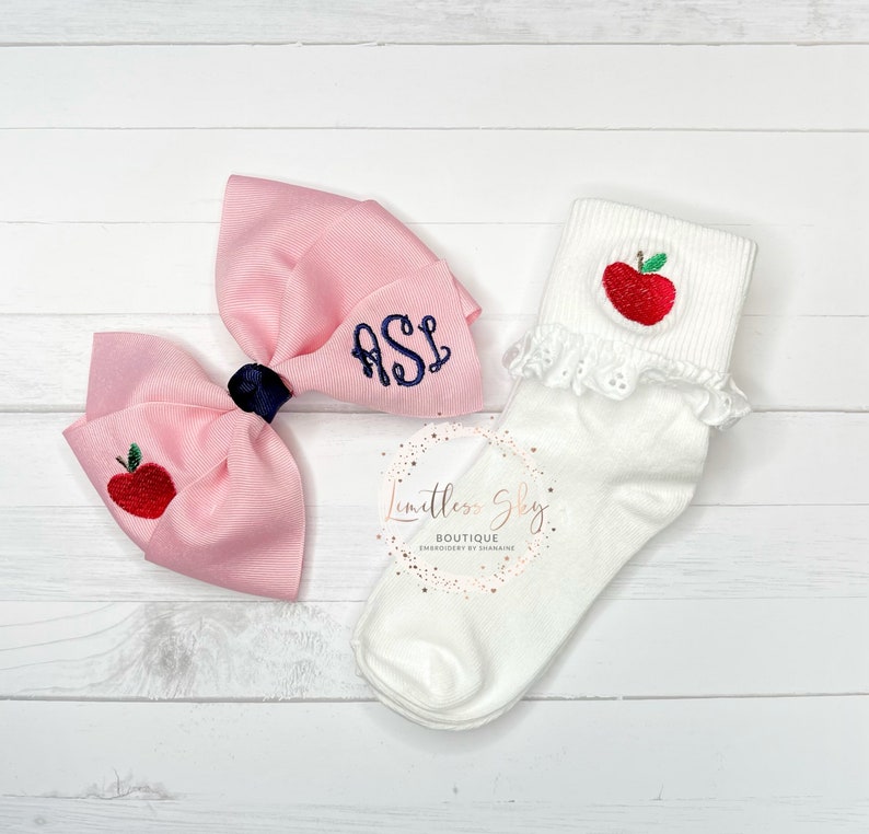Embroidered hairbow with apple socks Back to school knee highs monogrammed Hairbow image 4