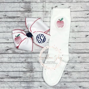 Embroidered hairbow with apple socks Back to school knee highs monogrammed Hairbow image 2