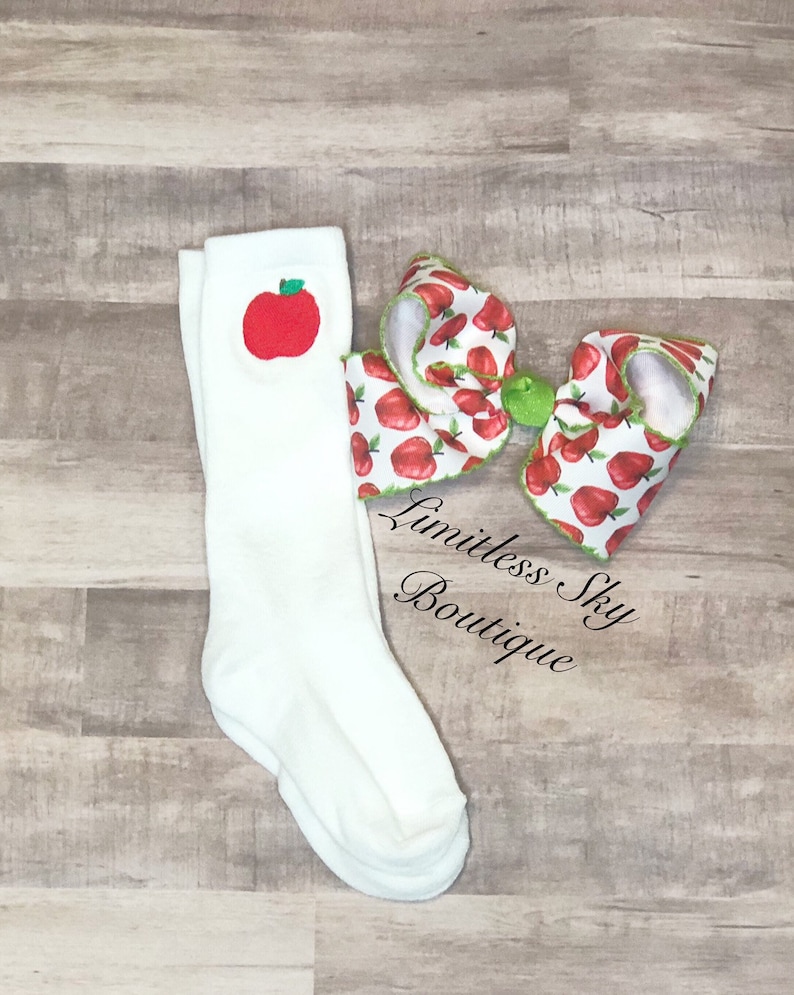Embroidered hairbow-Back to school-monogrammed Hairbow-apple socks
