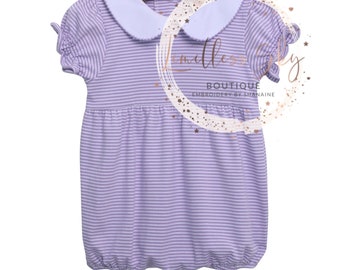 Girls Monogrammed Knit Romper-Lavender and white striped Bubble- Peter Pan collar Romper- Girls Short Sleeve Romper