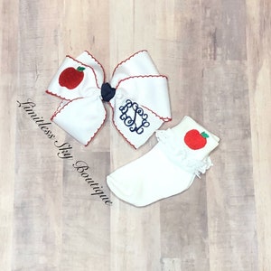 Embroidered hairbow with apple socks Back to school knee highs monogrammed Hairbow image 7