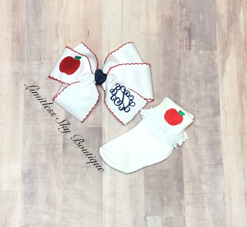Embroidered hairbow with apple socks Back to school knee highs monogrammed Hairbow image 7