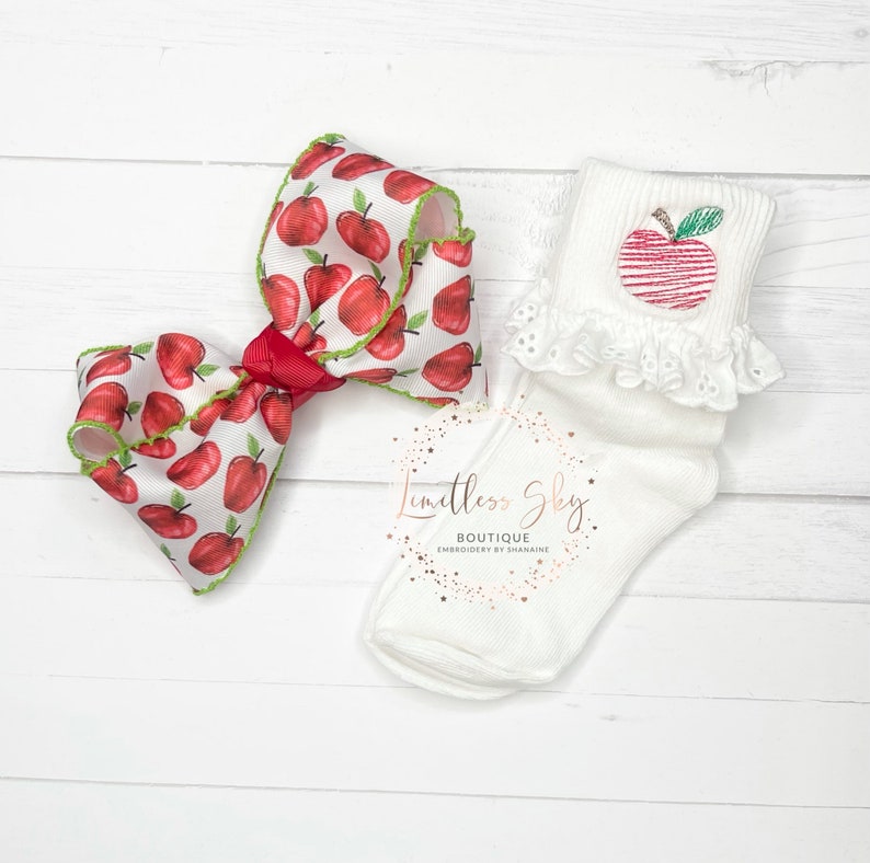 Embroidered hairbow with apple socks Back to school knee highs monogrammed Hairbow image 3