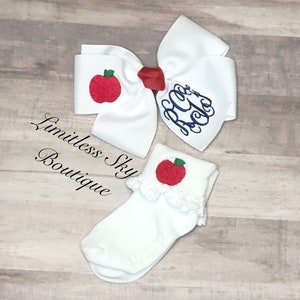 Embroidered hairbow with apple socks Back to school knee highs monogrammed Hairbow image 5