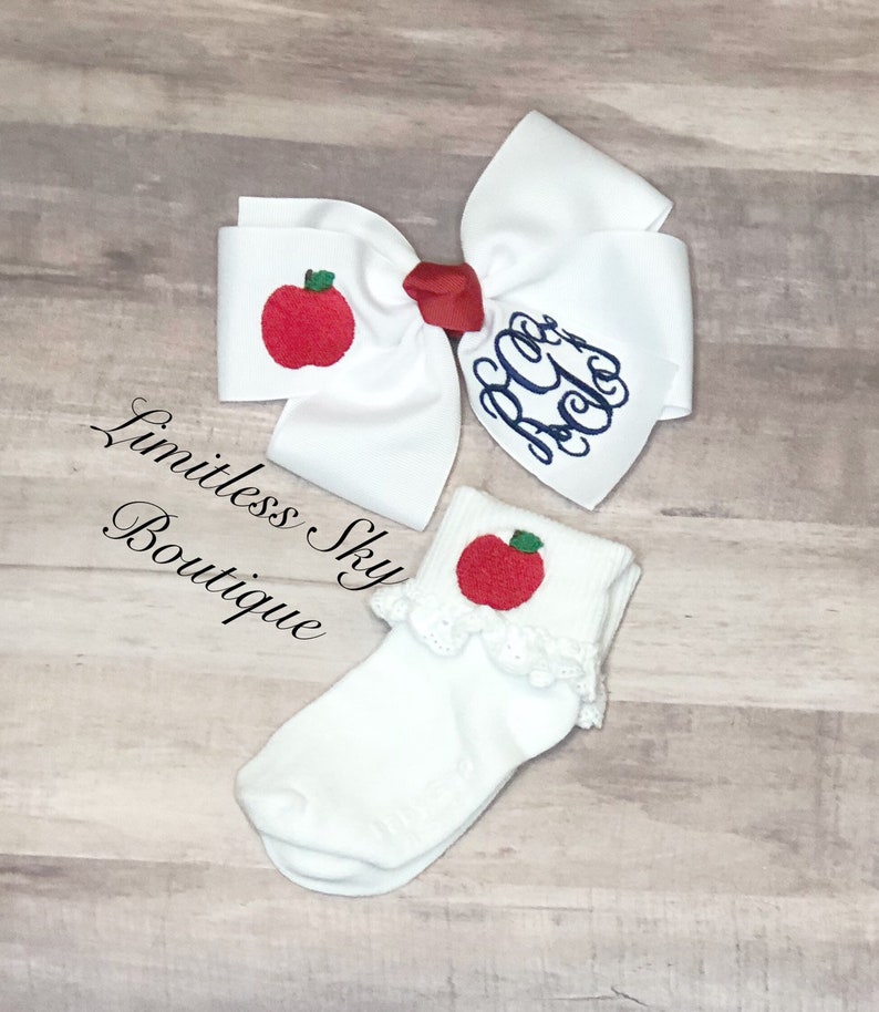 Embroidered hairbow with apple socks Back to school knee highs monogrammed Hairbow image 5