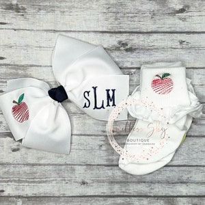 Embroidered hairbow with apple socks Back to school knee highs monogrammed Hairbow image 6