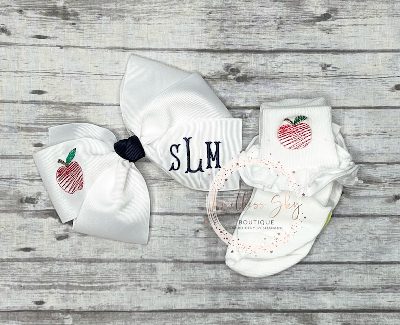 Embroidered hairbow with apple socks Back to school knee highs monogrammed Hairbow image 6