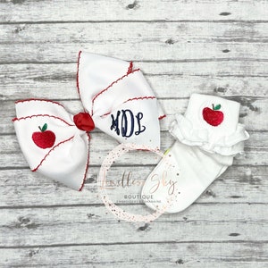 Embroidered hairbow with apple socks Back to school knee highs monogrammed Hairbow image 1