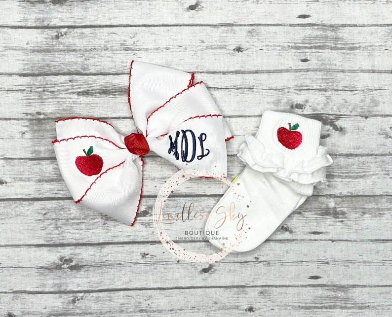 Embroidered hairbow with apple socks Back to school knee highs monogrammed Hairbow image 1