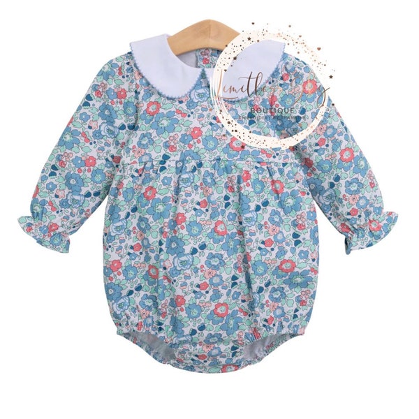 Monogrammed London Floral Bubble Romper- Long Sleeve Peter Pan collar Bubble