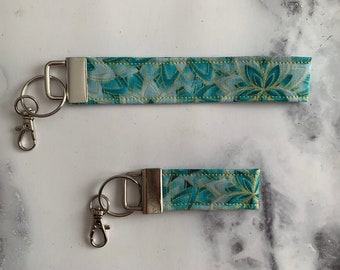 Turquoise and Gold Floral Wristlet Key Fob - Key Fob Wristlet Keychain - Wrist Lanyard Keychain - Magical, Mini Fob - Finger Loop