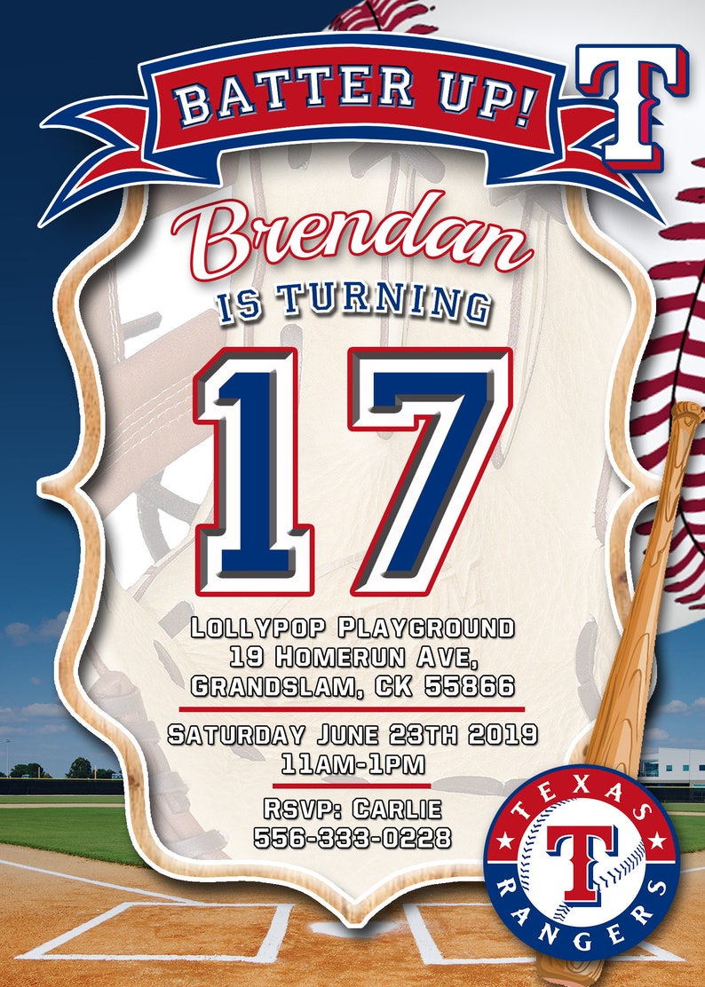 Texas Rangers Baseball Birthday Invitation Personalised Etsy