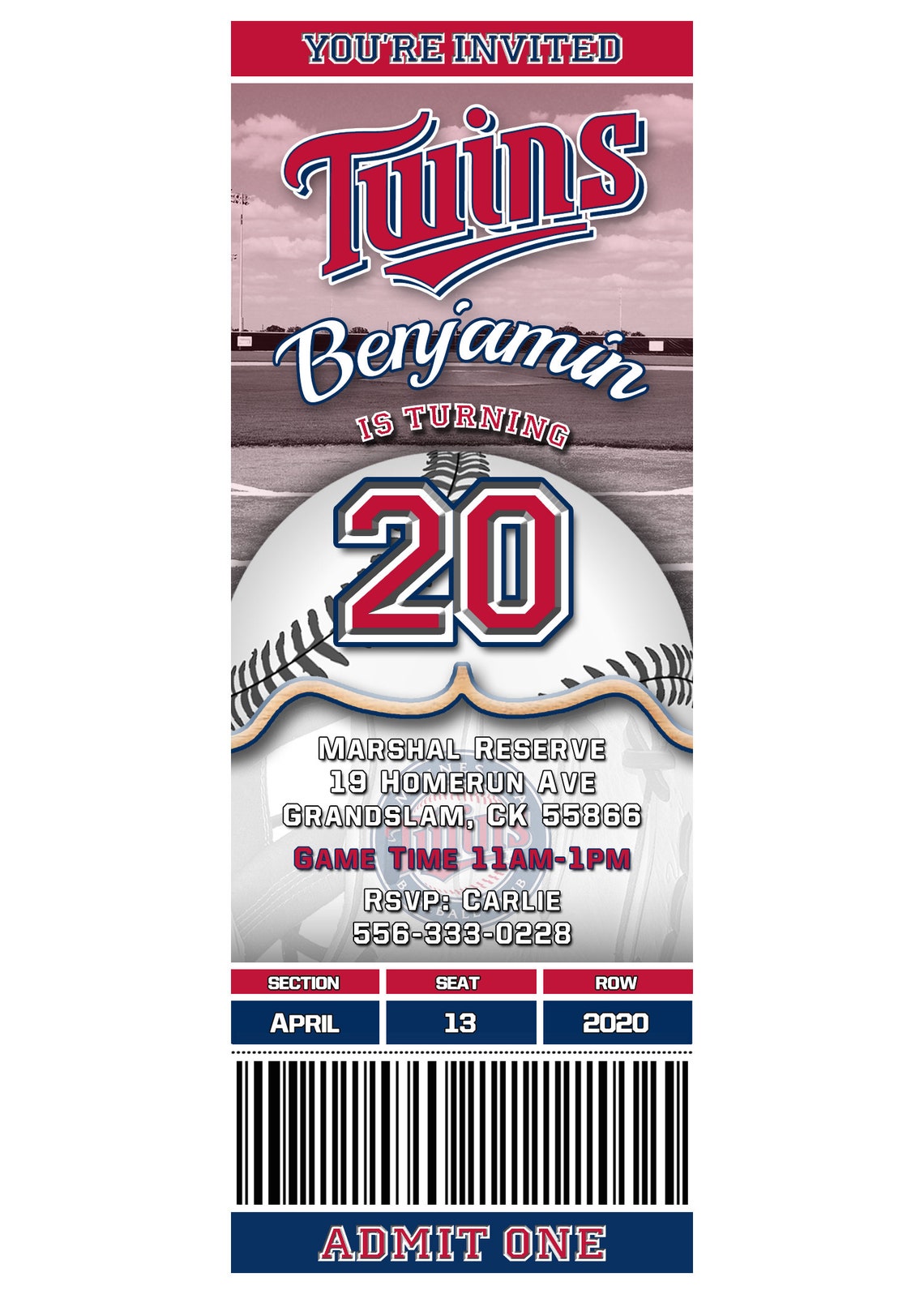 Minnesota Twins Ticket Style Baseball Birthday Invitation Etsy