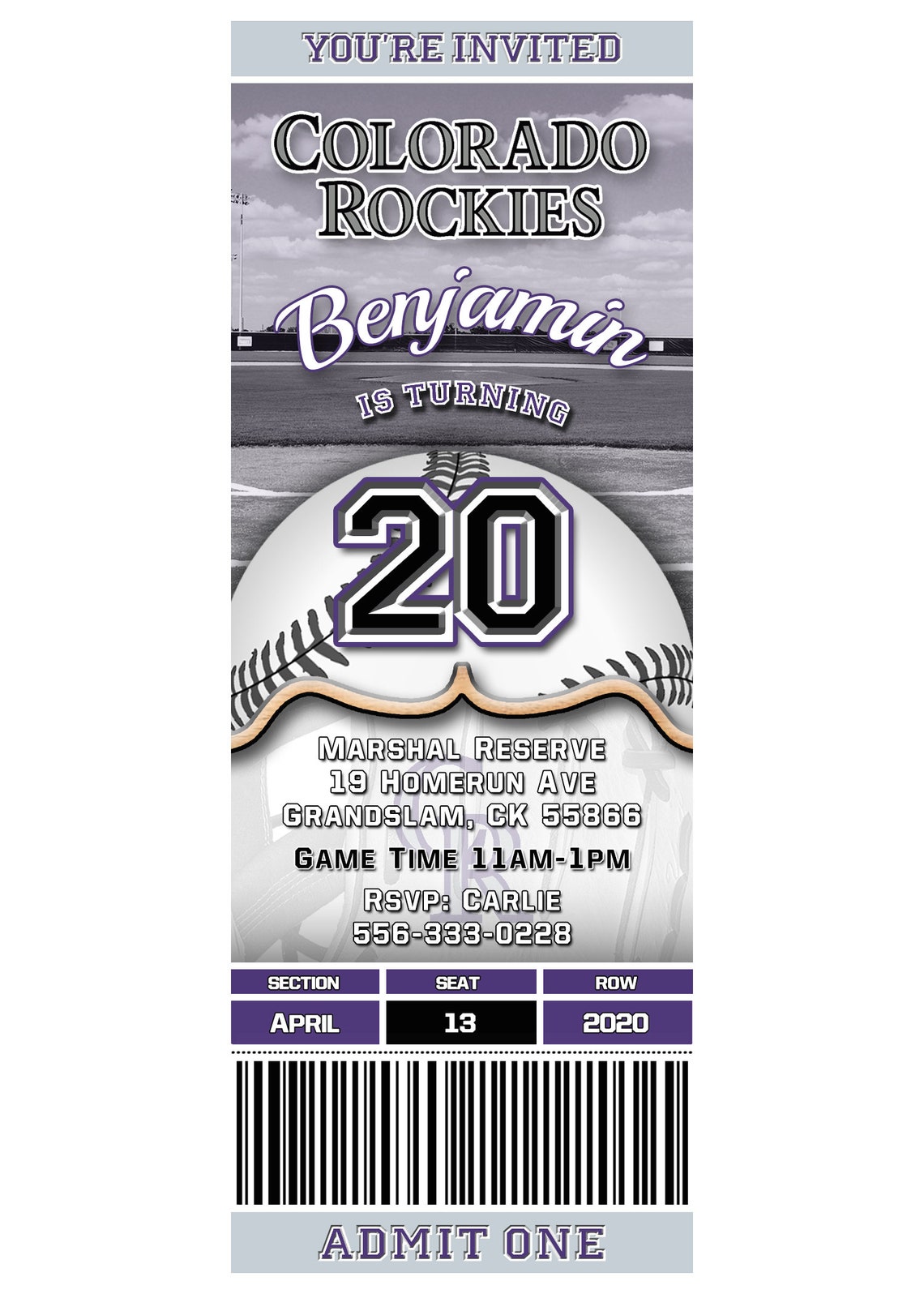 Colorado Rockies Ticket Style Baseball Birthday Invitation - Etsy