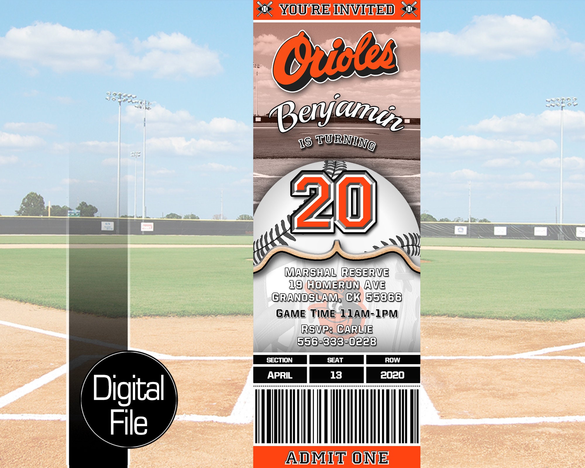 Baltimore Orioles Ticket Style Baseball Birthday Invitation Etsy