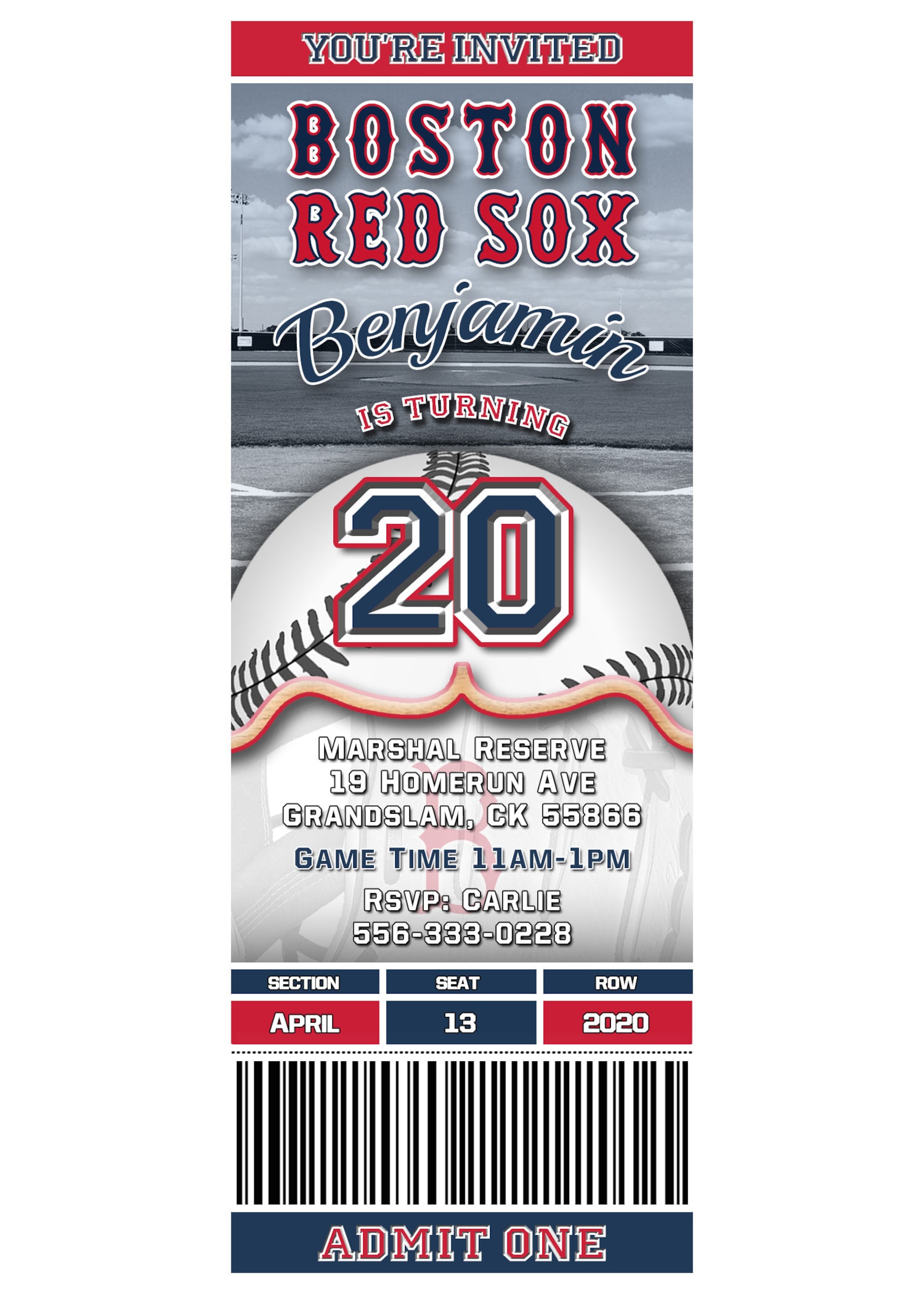 Boston Red Sox Ticket Style Baseball Birthday Invitation Etsy