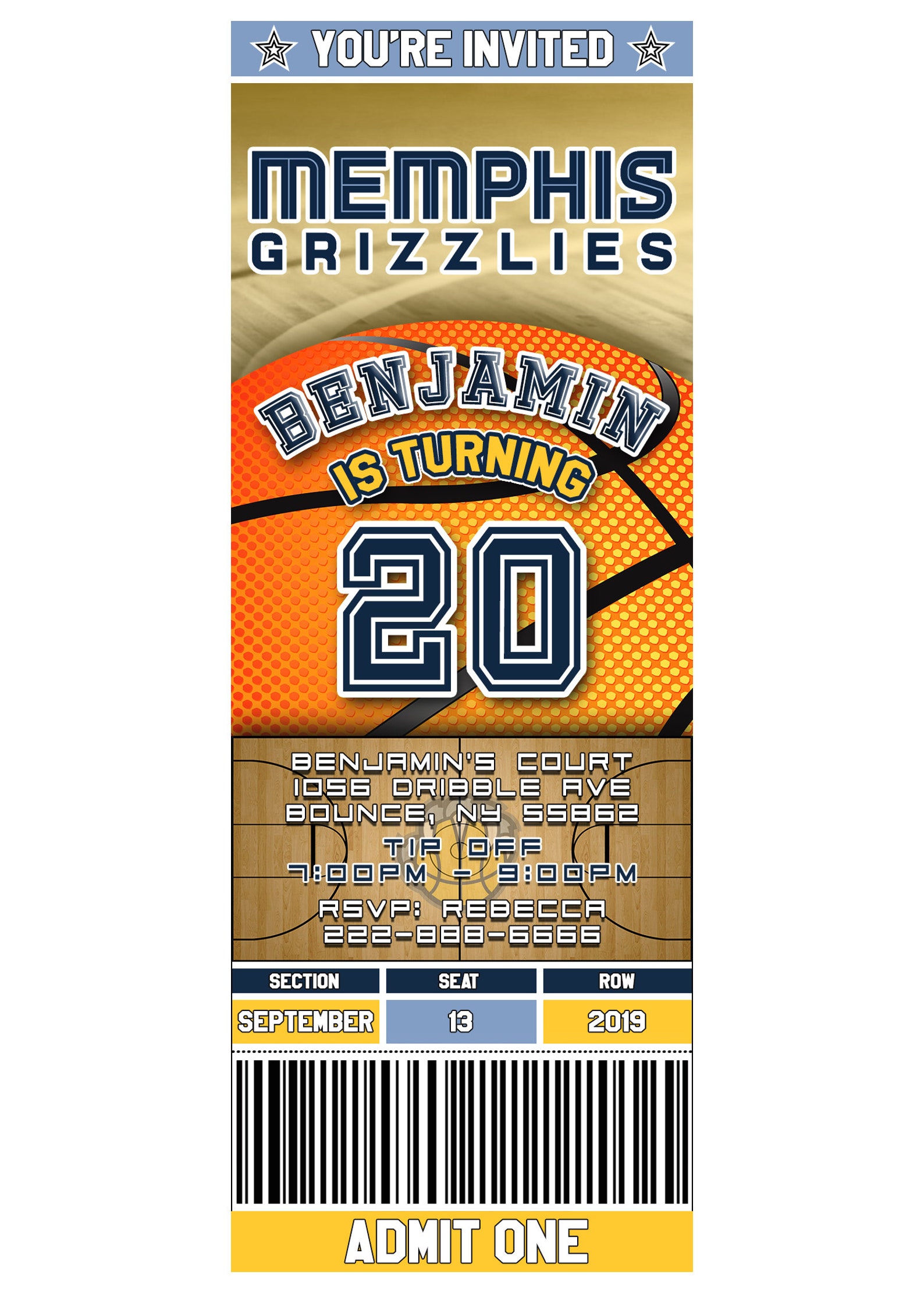 Memphis Grizzlies Ticket Style Basketball Birthday Etsy