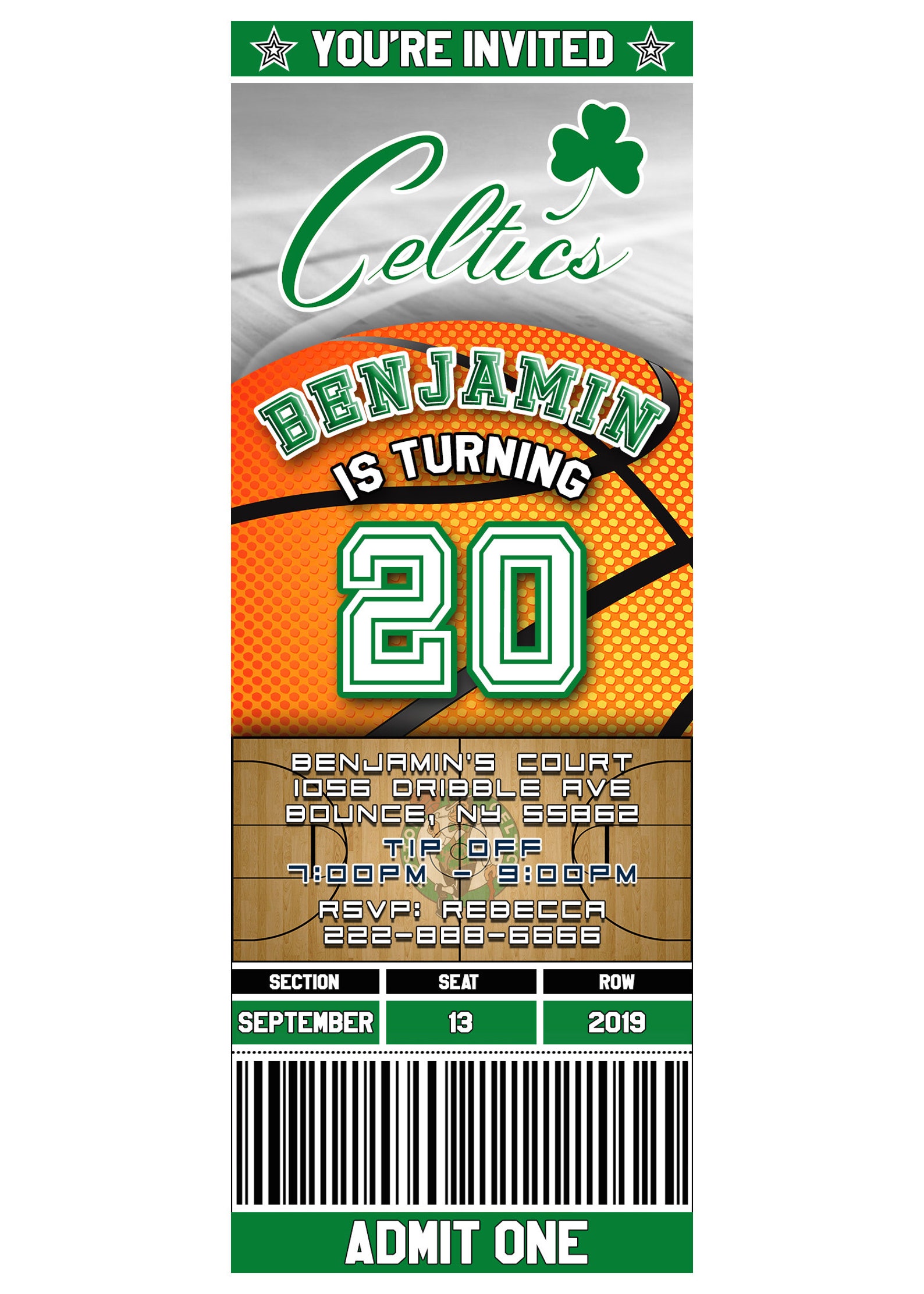 Boston Celtics Ticket Style Basketball Birthday Invitation | Etsy