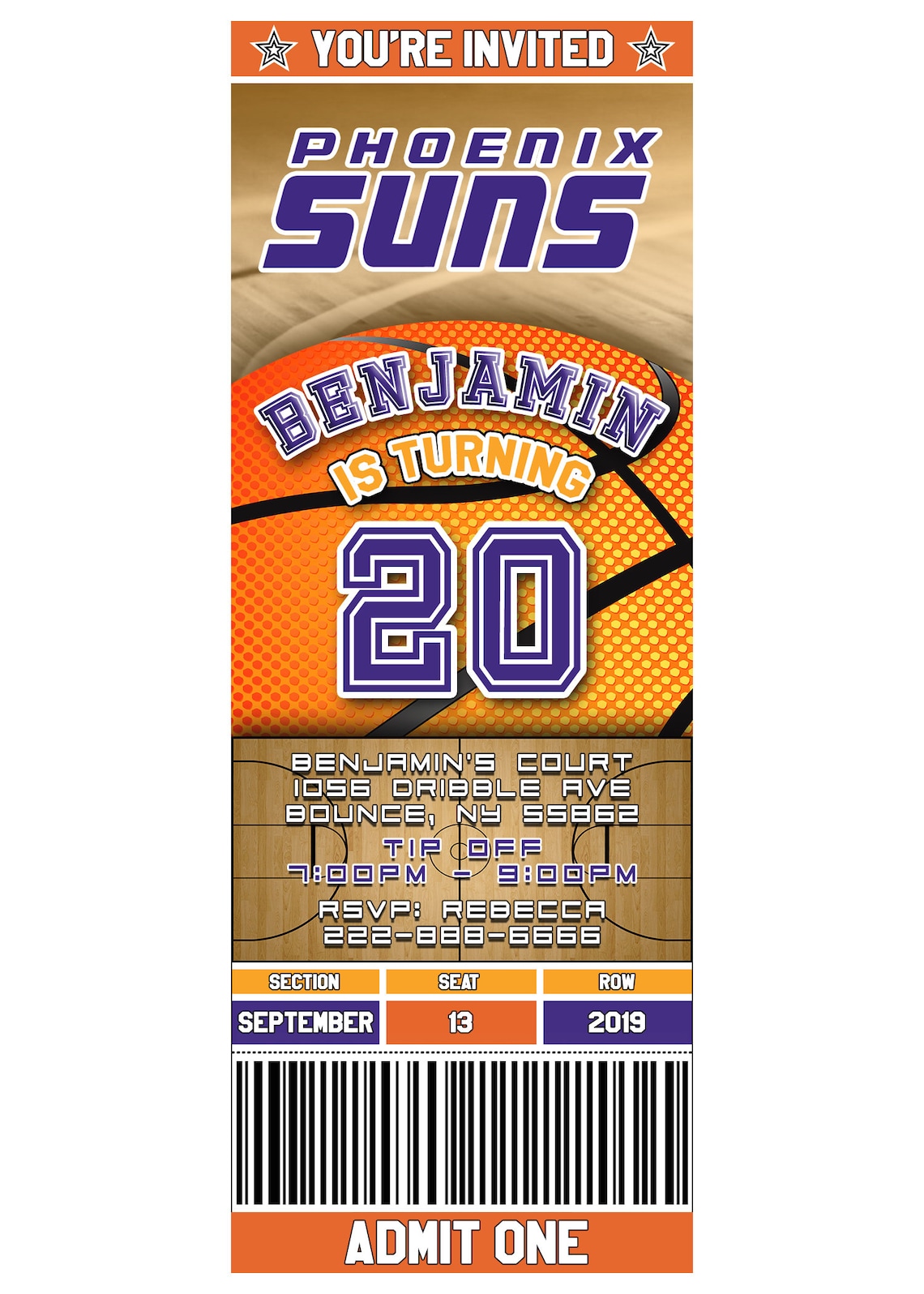 Phoenix Suns Ticket Style Basketball Birthday Invitation Etsy