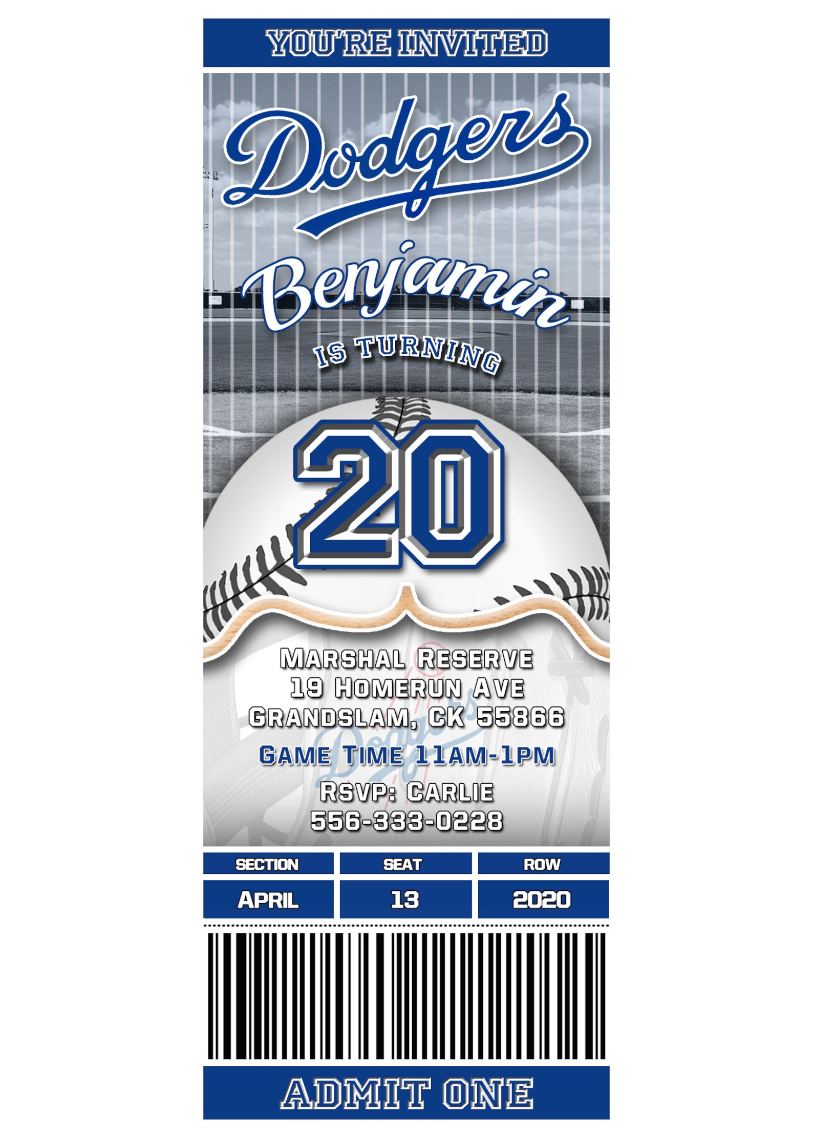 LA Dodgers Ticket Style Baseball Birthday Invitation | Etsy