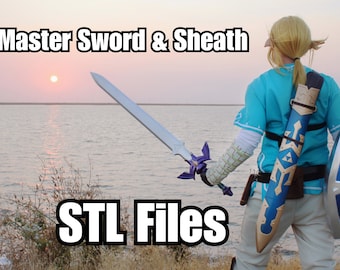 May include: A person dressed as Link from the Legend of Zelda video game series, holding a silver Master Sword and a blue and gold scabbard. The person is standing in front of a body of water with a sunset in the background. The text "STL Files" is in the foreground.