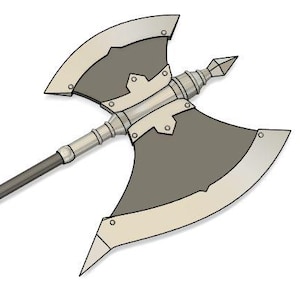 May include: A double-bladed axe with a long, dark gray handle and a silver-colored head. The axe head features two curved blades with a gray center and silver trim. The design is symmetrical and detailed, suggesting a fantasy or historical theme.