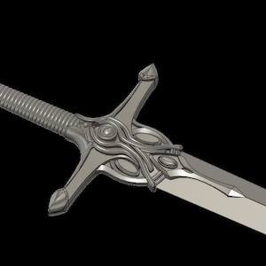May include: A silver sword with an ornate hilt and crossguard. The blade is straight and has a sharp edge. The sword is displayed against a black backdrop, emphasizing its design.