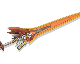 May include: A detailed, multi-part sword with a red, orange and yellow colour scheme. The sword is made of metal and has a sharp point. The sword is in a disassembled state, with the different parts spread out.