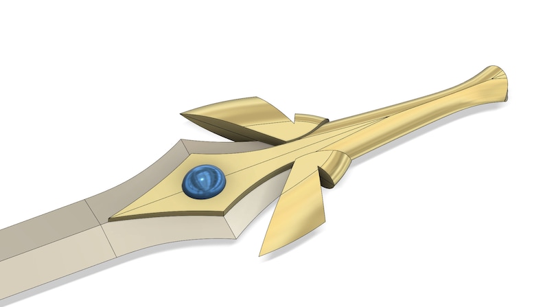 May include: A gold-colored sword with a blue gem embedded in the hilt. The sword has a sharp point and a curved blade.