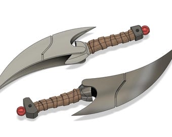 May include: Two silver-colored throwing knives with brown leather wrappings and red accents. The knives have a curved blade and a pointed tip.