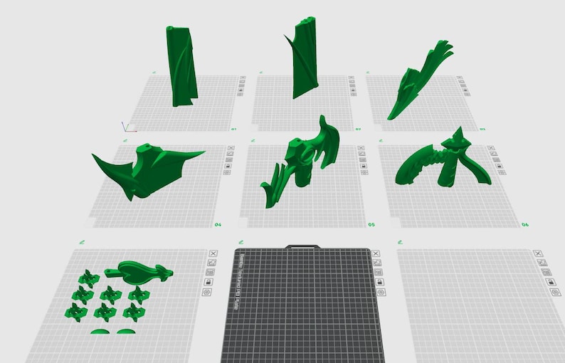 May include: A selection of green 3D-printed objects, including abstract shapes and forms, arranged on a grid. The objects vary in size and design, with some resembling organic structures. The image is taken from a top-down perspective.