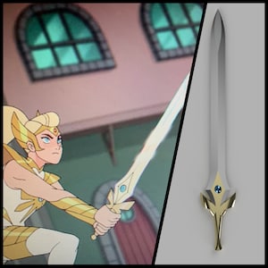 May include: A golden sword with a blue gem in the hilt. The sword has a white blade and a gold handle.